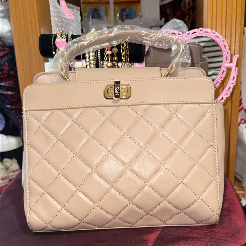 Badgley Mischka Quilted Satchel in Beige
